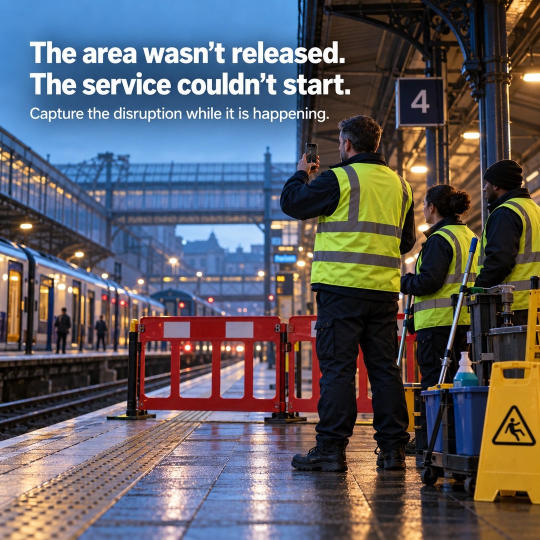 Cleaning team on a rail platform waiting behind barriers