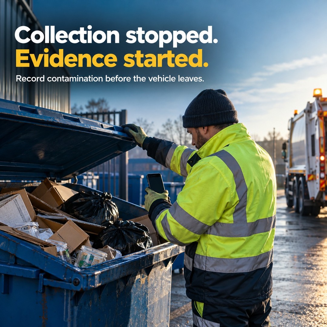 Waste operative photographing a contaminated bin before the vehicle leaves